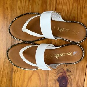 White Leather Sandals with Gold Buckle